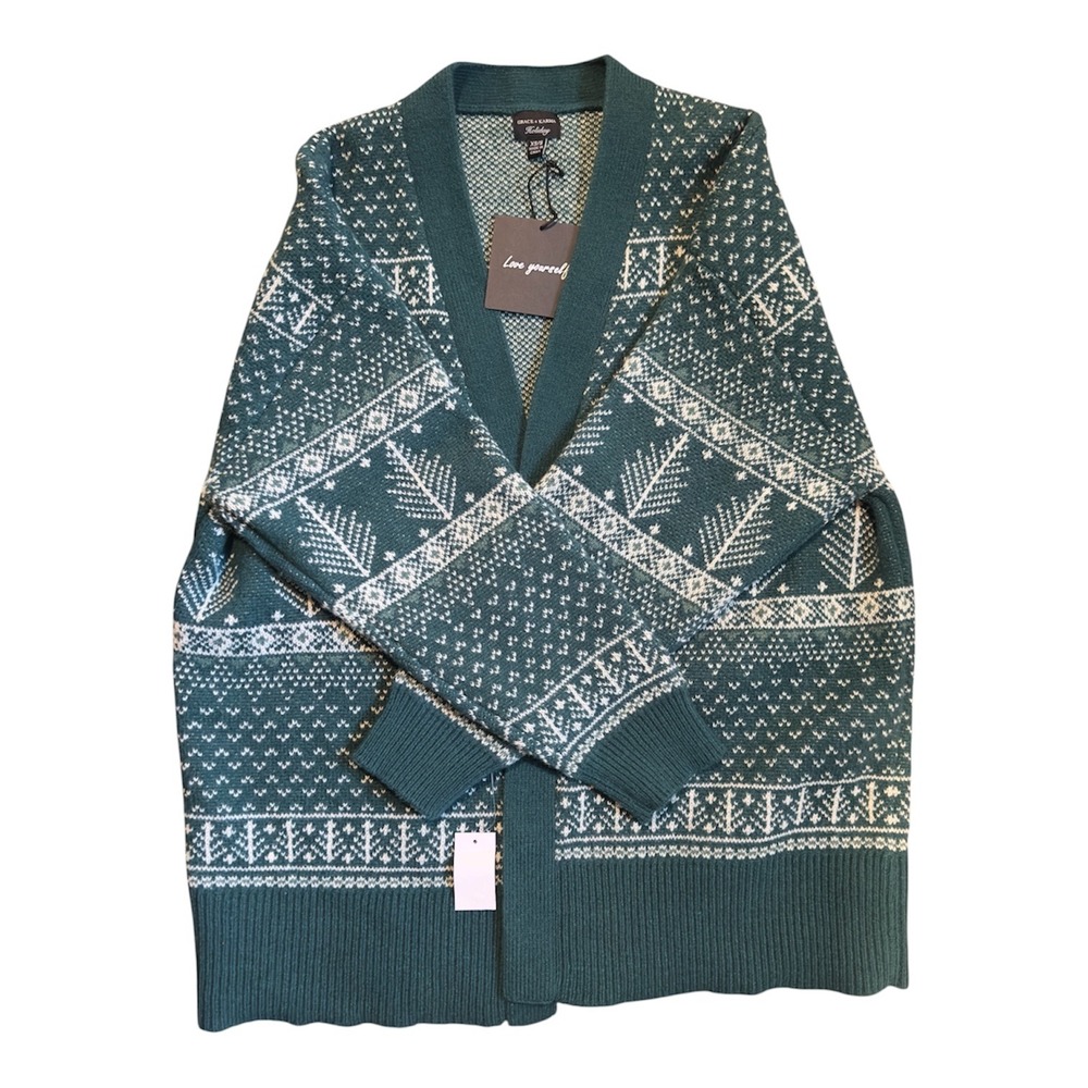Grace + Karma Holiday Fair Isle Cardigan Green Pine Tree Sweater Womens XS/S NWT